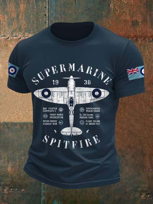 Men's Retro Legendary Fighter Supermarine Print Casual Tee