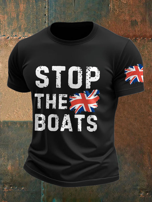Men's UK Flag Immigration Stop The Boats Printed T-shirt