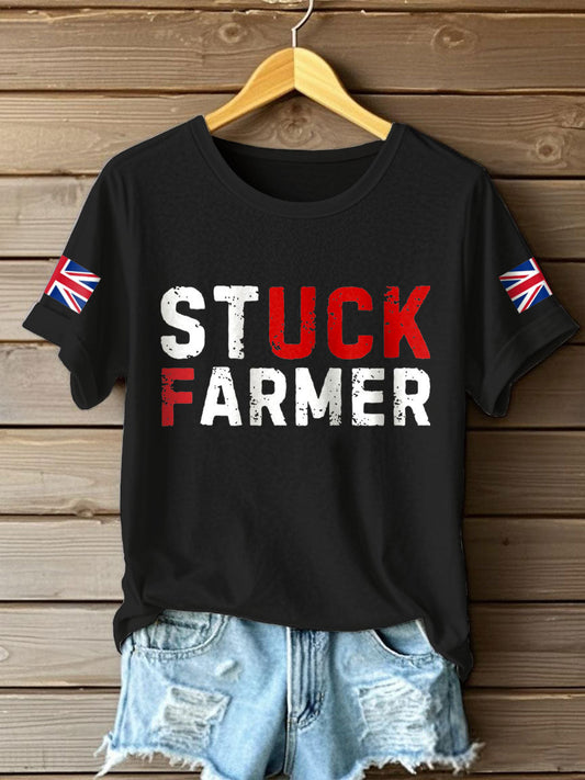 Women's UK Flag Stuck Farmer Funny Printed T-Shirt
