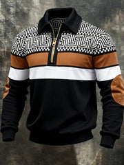 Men's Retro Geometric Colorblock Print Casual Half-Zip Sweatshirt