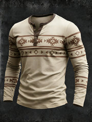 Men's Vintage Western Aztec Geometric Pattern Henley Long Sleeve T-Shirt
