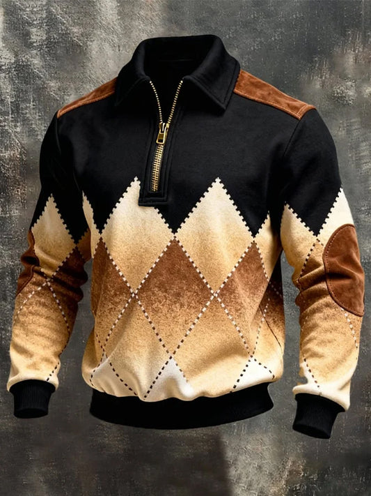 Men's Retro Geometric Print Casual Half-Zip Sweatshirt