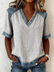 Women's Simple Solid Color Denim Patchwork V-Neck Top