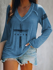 Women's Vintage Faith Flag Print V-Neck T-Shirt