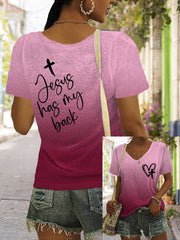 Women's Jesus Has My Back Print V Neck T-Shirt