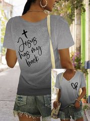 Women's Jesus Has My Back Print V Neck T-Shirt