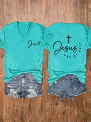 Women's Jesus Has My Back Printed V-Neck Tee