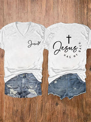 Women's Jesus Has My Back Printed V-Neck Tee