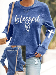 Women's Jesus Has My Back, Blessed Heart Print Round Neck Long Sleeve Sweatshirt