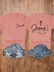 Women's Jesus Has My Back Printed V-Neck Tee