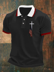 Men's  Flag Cross Button Design Polo Shirt
