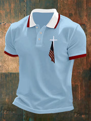 Men's  Flag Cross Button Design Polo Shirt