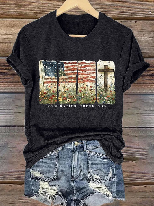 Women'S Casual One Nation Under God Faith Graphic Print Short Sleeve T-Shirt