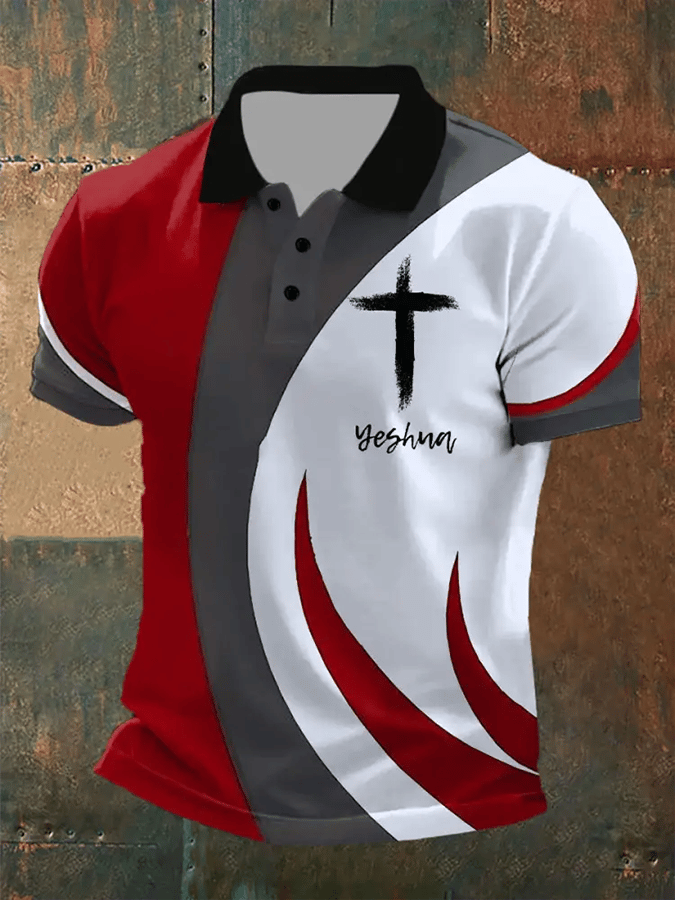 Men's Bible Verse Yeshua Faith Cross Printed Short Sleeve POLO T-Shirt