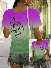 Women's Jesus Has My Back Print V Neck T-Shirt