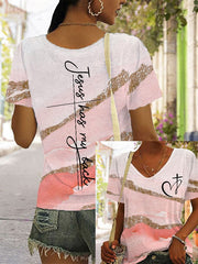 Women's Jesus has my back printed casual V-neck T-shirt