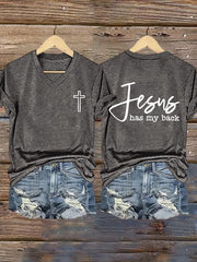 Women's Jesus Has My Back Printed Casual V-Neck T-Shirt