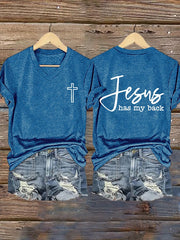 Women's Jesus Has My Back Printed Casual V-Neck T-Shirt