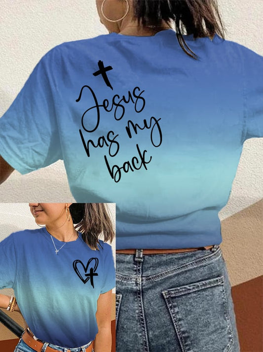 Women's Jesus Has My Back Print Round Neck T-Shirt