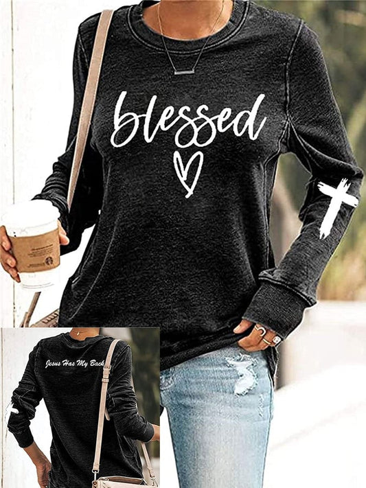 Women's Jesus Has My Back, Blessed Heart Print Round Neck Long Sleeve Sweatshirt