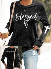 Women's Jesus Has My Back, Blessed Heart Print Round Neck Long Sleeve Sweatshirt