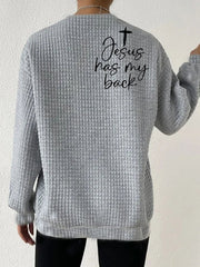 Women's Love Like Jesus Jesus Has My Back Printed Solid Color Waffle Loose Casual Sweater