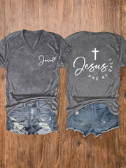 Women's Jesus Has My Back Printed V-Neck Tee