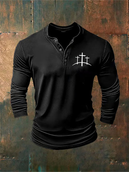 Men's Faith Cross Print Henley Neck Top