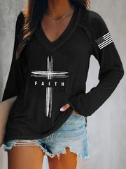 Women's Vintage Faith Flag Print V-Neck T-Shirt