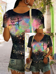 Women's Jesus Has My Back Tie-dye V-Neck T-Shirt