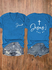 Women's Jesus Has My Back Printed V-Neck Tee