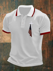 Men's  Flag Cross Button Design Polo Shirt