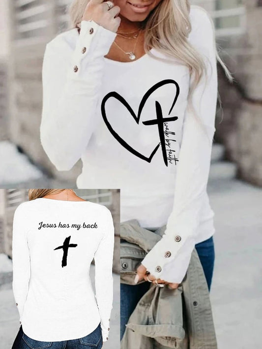 Women's Love Cross Walk By Faith Jesus Has My Back Print Button Top