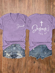 Women's Jesus Has My Back Printed V-Neck Tee