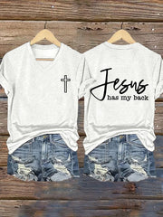 Women's Jesus Has My Back Printed Casual V-Neck T-Shirt