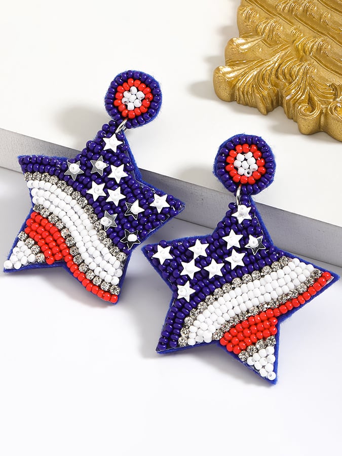 Independence Day Creative Five-Pointed Star Diamond And Rice Bead Earrings
