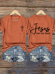 Women's Jesus Has My Back Printed Casual V-Neck T-Shirt