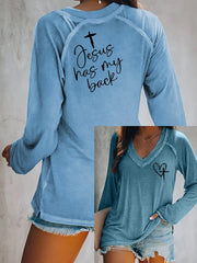 Women's Love Like Jesus Jesus Has My Back Casual V-Neck Long-Sleeve T-Shirt