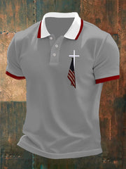 Men's  Flag Cross Button Design Polo Shirt
