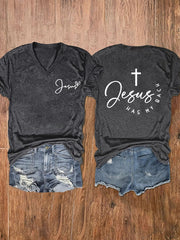 Women's Jesus Has My Back Printed V-Neck Tee
