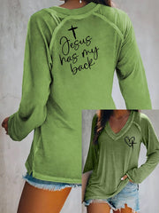 Women's Love Like Jesus Jesus Has My Back Casual V-Neck Long-Sleeve T-Shirt