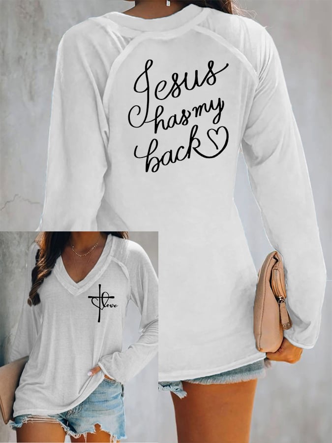 Women's Love Like Jesus Jesus Has My Back Casual V-Neck Long-Sleeve T-Shirt