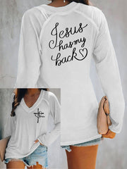 Women's Love Like Jesus Jesus Has My Back Casual V-Neck Long-Sleeve T-Shirt