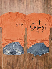 Women's Jesus Has My Back Printed V-Neck Tee