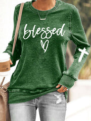 Women's Jesus Has My Back, Blessed Heart Print Round Neck Long Sleeve Sweatshirt