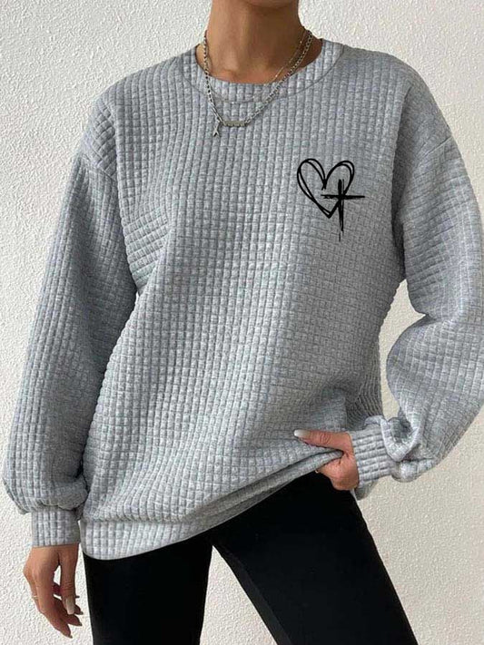 Women's Love Like Jesus Jesus Has My Back Printed Solid Color Waffle Loose Casual Sweater
