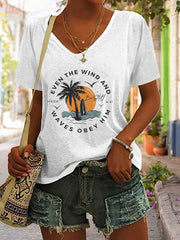 Women's Casual Christian Faith Bible Verse Palm Tree Print V-Neck Short Sleeve T-Shirt