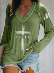 Women's Vintage Faith Flag Print V-Neck T-Shirt