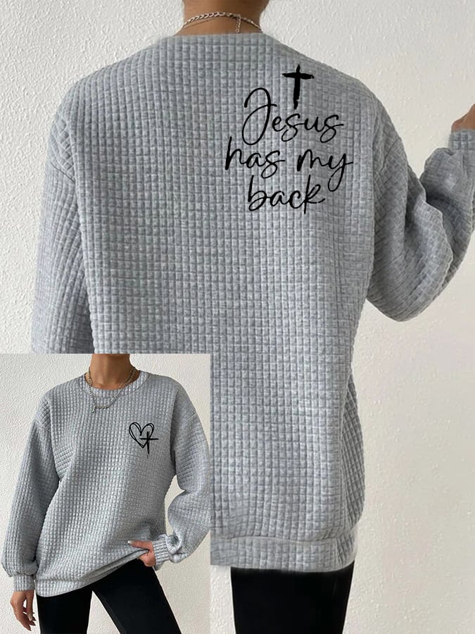 Women's Love Like Jesus Jesus Has My Back Printed Solid Color Waffle Loose Casual Sweater