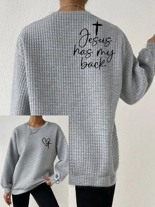 Women's Love Like Jesus Jesus Has My Back Printed Solid Color Waffle Loose Casual Sweater